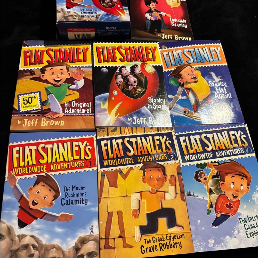 Flat Stanley Book Set . Comes in the Box too carry books .lot of 7